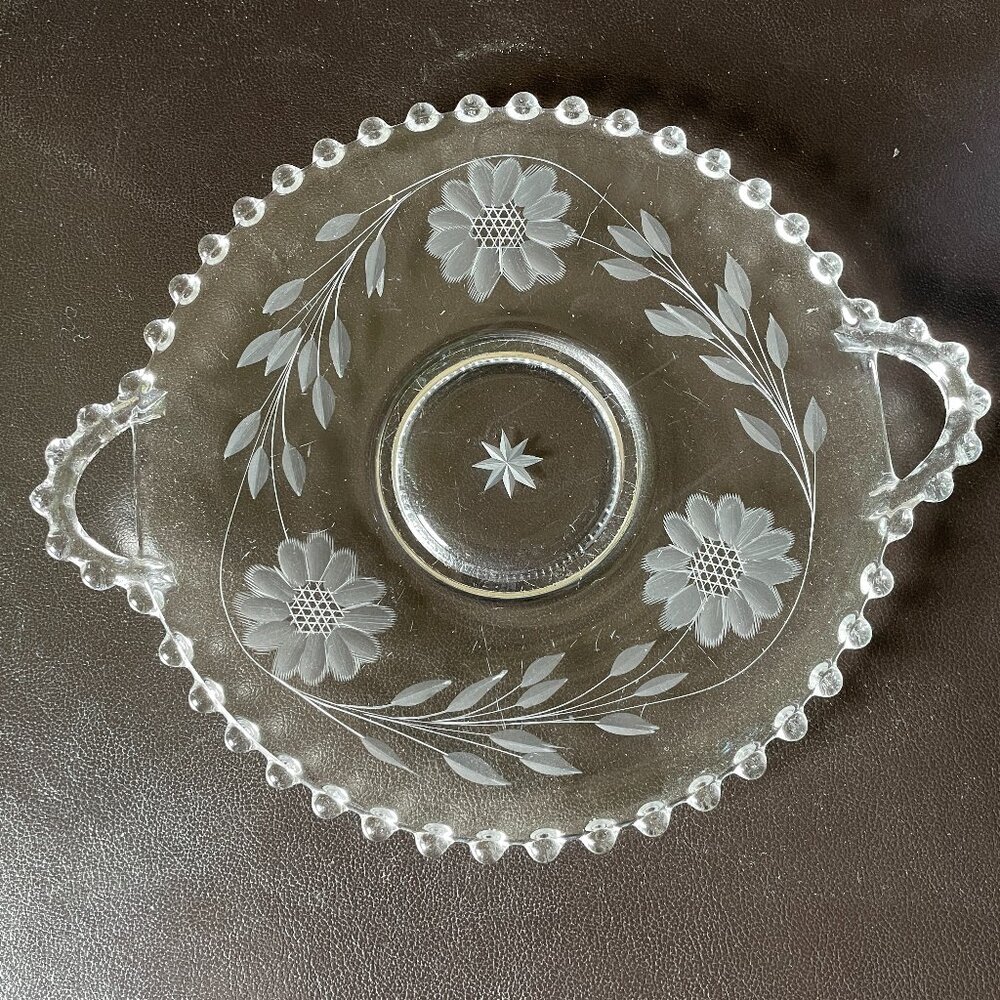 Vintage Imperial Candlewick 2 Handle Serving Plate w/ W.J. Hughes Etching